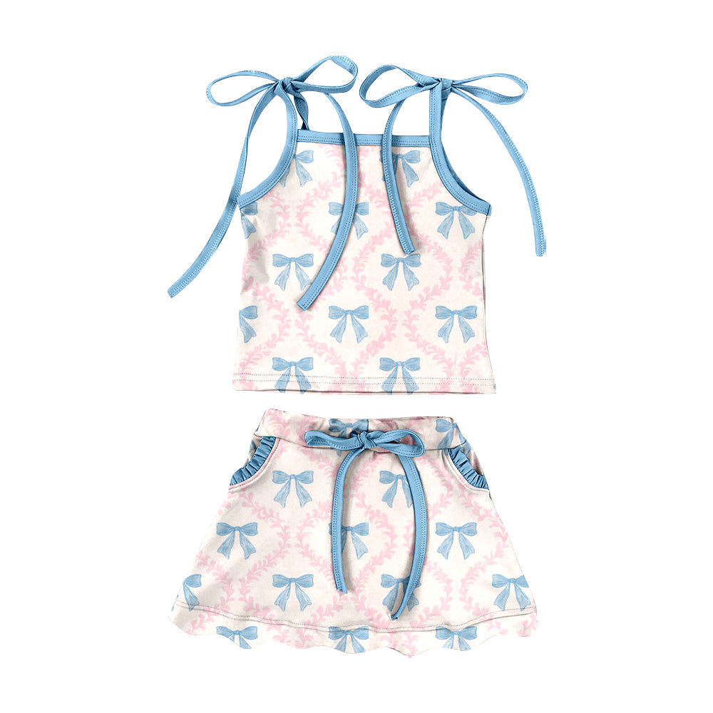 MOQ 5 preorder GSD3727 Blue Bows Halter Top with Skirts for Girls Yoga Sets 202601