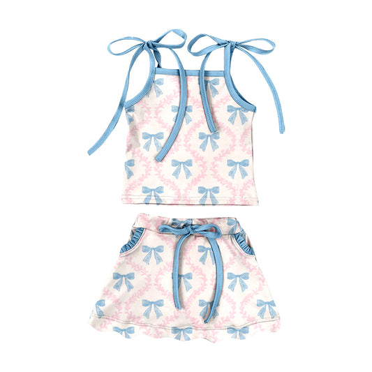 MOQ 5 preorder GSD3727 Blue Bows Halter Top with Skirts for Girls Yoga Sets 202601