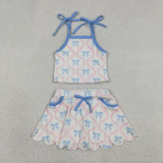 GSD3727 Blue Bows Halter Top with Skirts for Girls Yoga Sets 202605 RTS