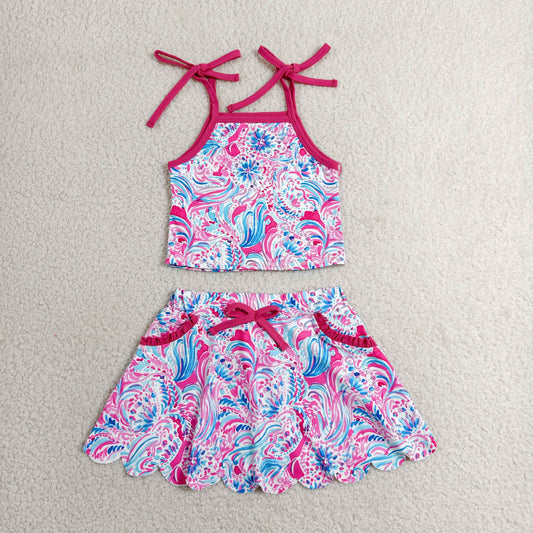 GSD3728 Seaweed Pattern Rose Red Halter Top with Skirts for Girls Yoga Sets 202606 RTS