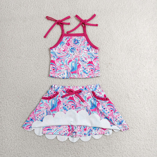GSD3728 Seaweed Pattern Rose Red Halter Top with Skirts for Girls Yoga Sets 202606 RTS
