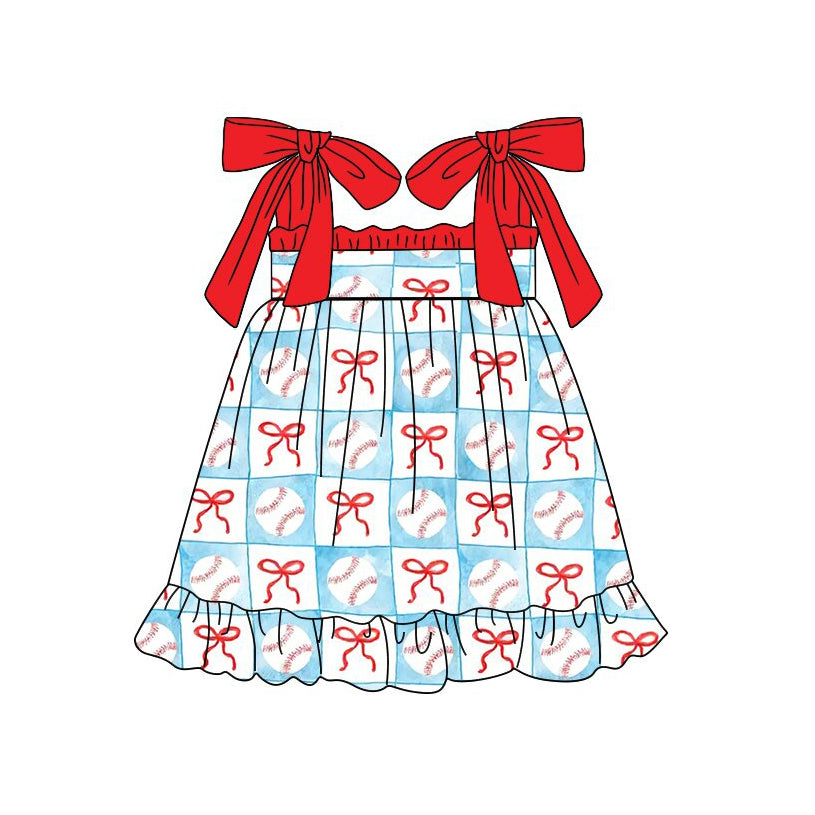 MOQ 5 PCS preorder GSD3729 Baseball Plaid Bows Red Ruffle Sleeveless Dresses for Girls 202601