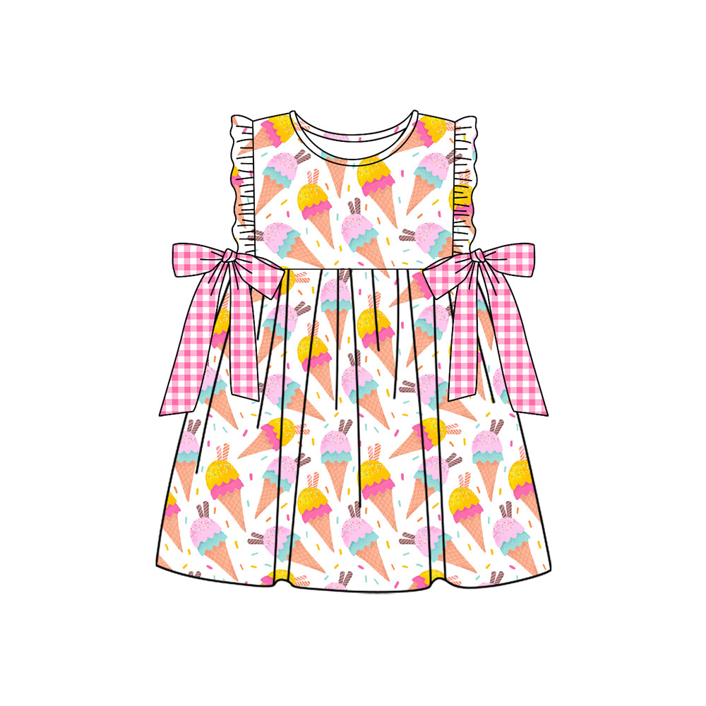 MOQ 5 PCS preorder GSD3731 Ice Cream Pink Plaid Bow White Ruffle Sleeveless Dresses for Girls 202601
