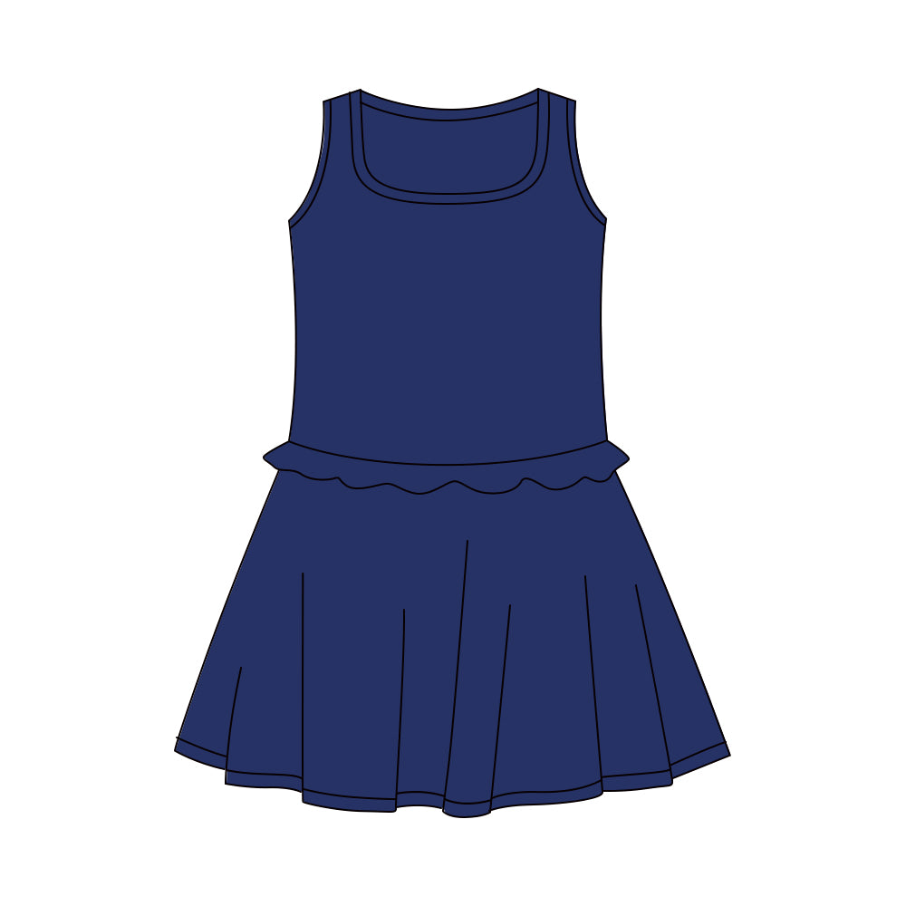 MOQ 5 PCS Preorder GSD3734 Solid Navy Ruffle Sleeveless Yoga Dresses for Girls 202601