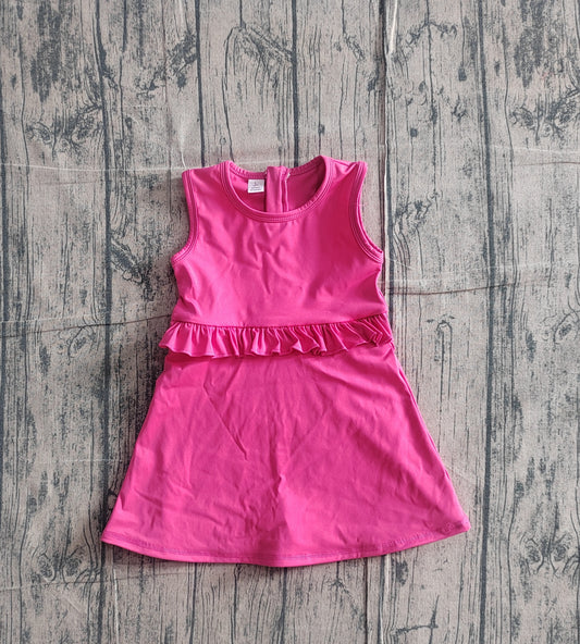 NO MOQ Preorder GSD3740 Solid Rose Red Ruffle Sleeveless Yoga Dresses for Girls 202602