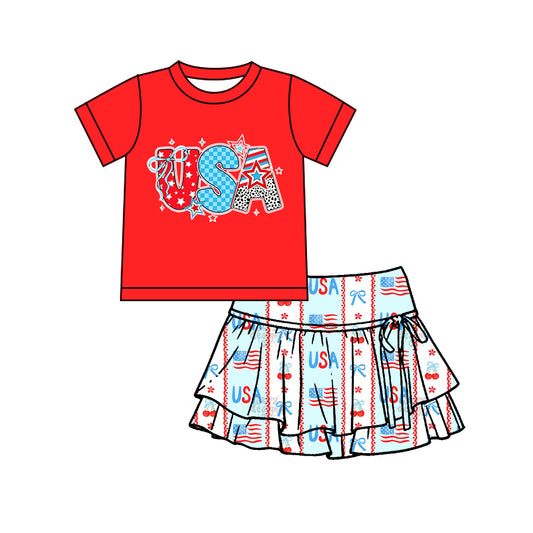 MOQ 5 preorder GSD3744 4th of July USA Star Red Short Sleeve Top with Ruffle Skirts for Girls Yoga Sets 202601