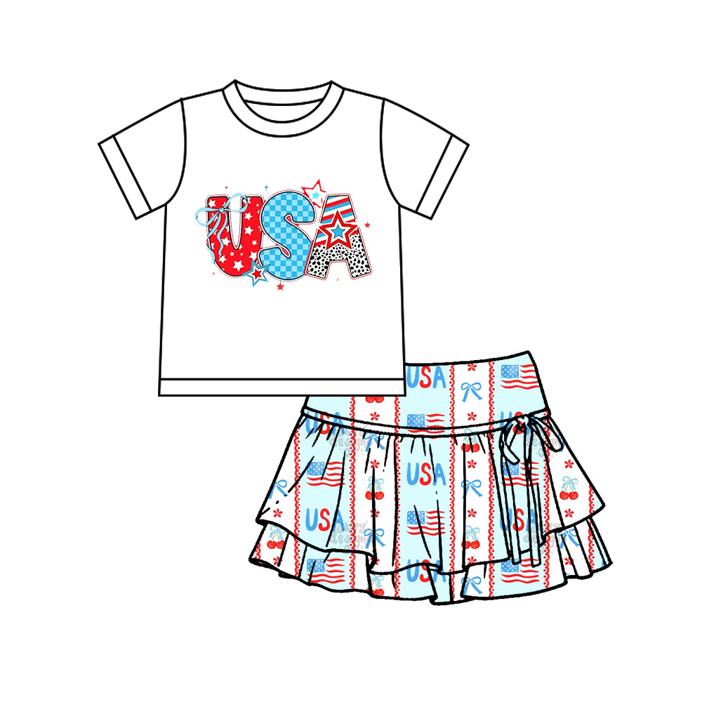 MOQ 5 preorder GSD3745 4th of July USA Star White Short Sleeve Top with Ruffle Skirts for Girls Yoga Sets 202601