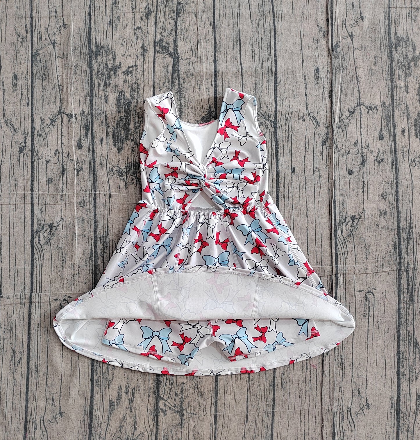 NO MOQ Preorder GSD3752 4th of July Red Blue Bows Sleeveless Yoga Dresses for Girls 202602