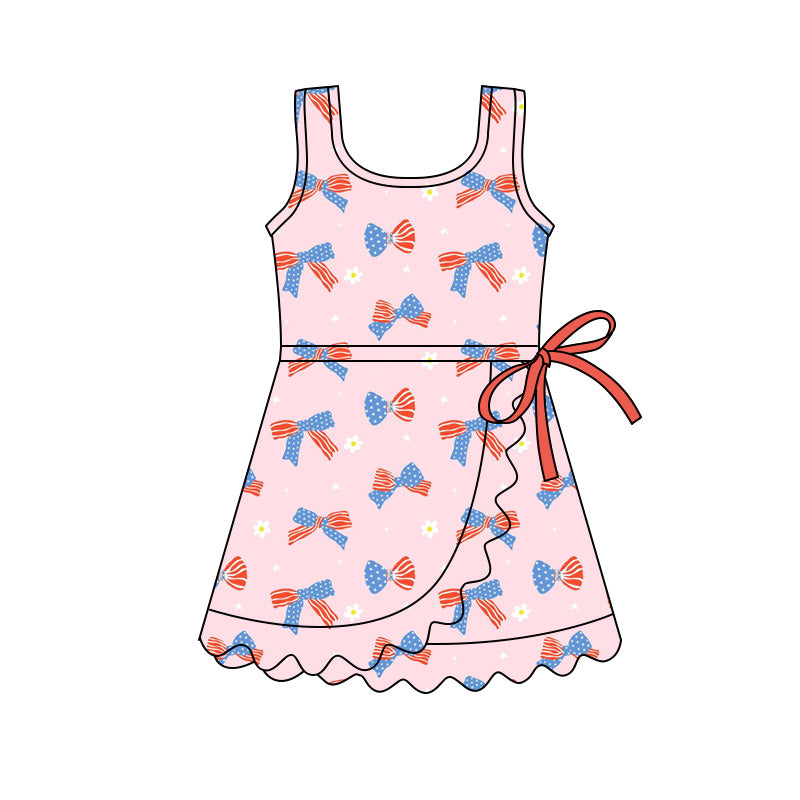 MOQ 30 PCS Preorder GSD3753 4th of July Flower Bows Pink Ruffle Sleeveless Yoga Dresses for Girls 202601