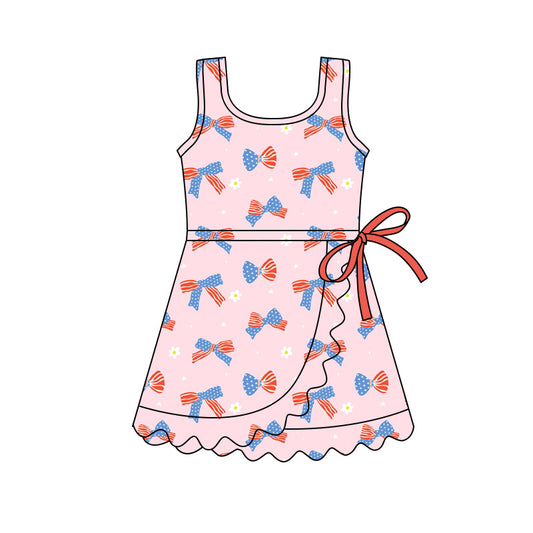 MOQ 30 PCS Preorder GSD3753 4th of July Flower Bows Pink Ruffle Sleeveless Yoga Dresses for Girls 202601