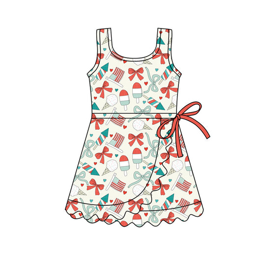 MOQ 30 PCS Preorder GSD3755 4th of July Ice Cream Bows Love Ruffle Sleeveless Yoga Dresses for Girls 202601