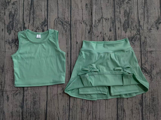 NO MOQ preorder GSD3760 Solid Pea Green Sleeveless Top with Skirts for Girls Yoga Sets 202604