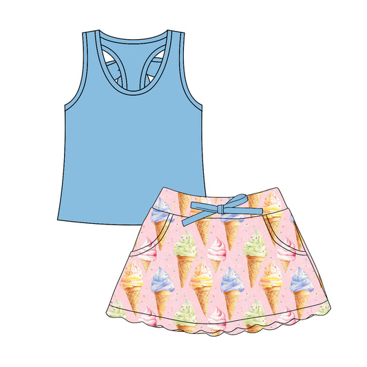 MOQ 5 PCS Preorder GSD3765 Solid Blue Sleeveless with Ice Cream Drip Skirts for Girls Sets 202601