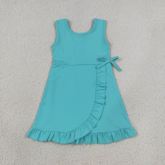 GSD3768 Solid Color Blue Color Ruffles Yoga Girl's Dress Onesie