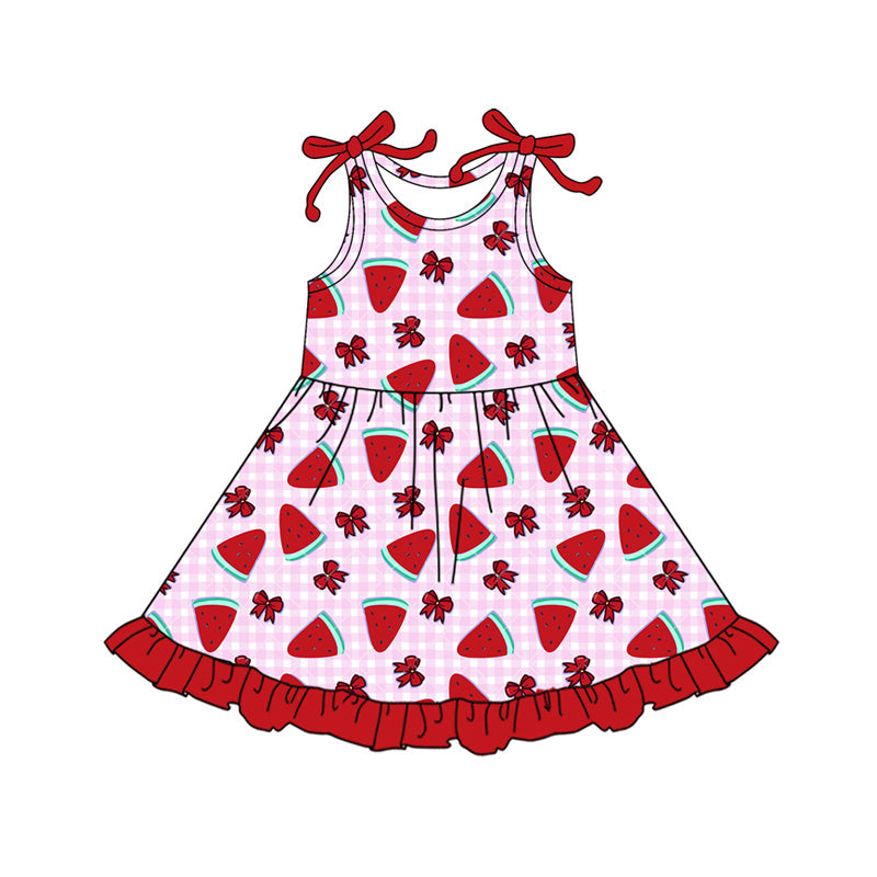 MOQ 5 PCS preorder GSD3770 Watermelon Bows Pink Plaid Red Ruffle Sleeveless Dresses for Girls 202601