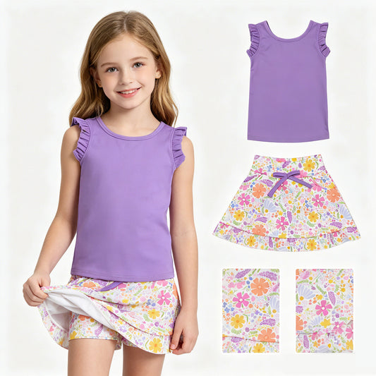 GSD3771 Solid Purple Wave Ruffle Sleeveless with Flower Pattern Skirts for Girls Yooga Sets 202604 RTS