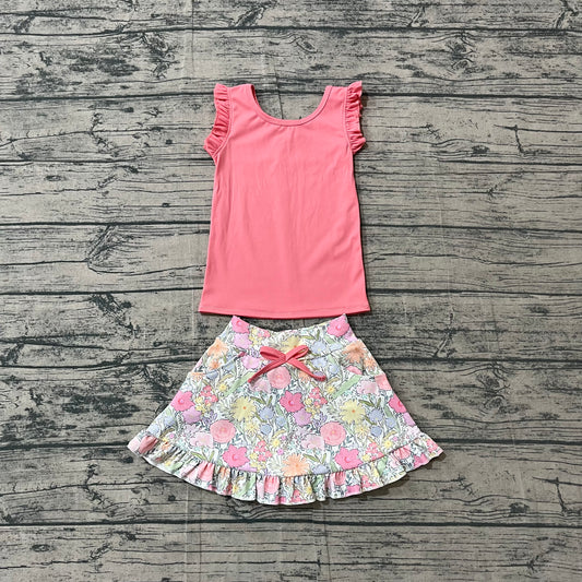 NO MOQ Preorder GSD3772 Solid Pink Red Wave Ruffle Sleeveless with Flower Leaf Pattern Skirts for Girls Yoga Sets 202604