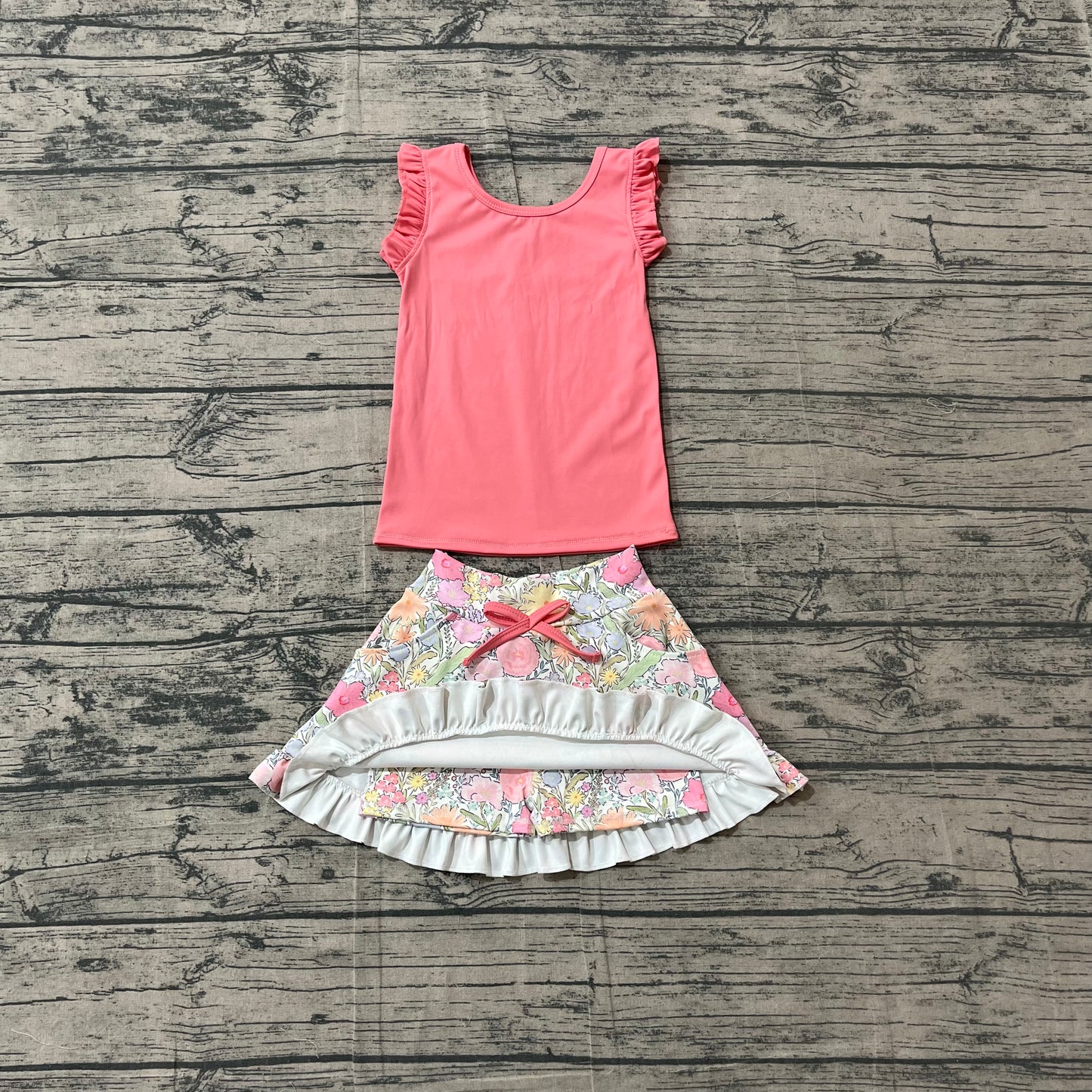 NO MOQ Preorder GSD3772 Solid Pink Red Wave Ruffle Sleeveless with Flower Leaf Pattern Skirts for Girls Yoga Sets 202604