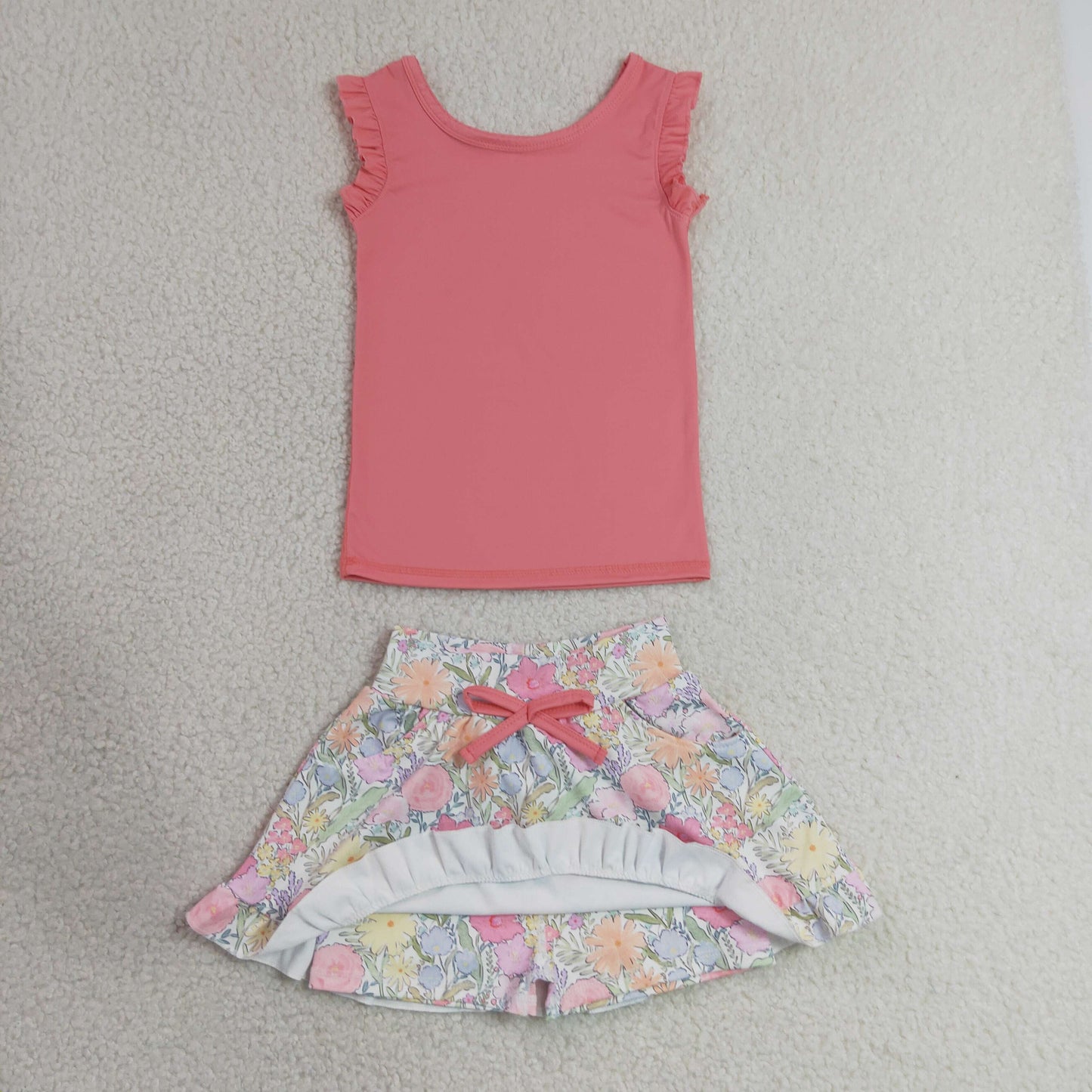 GSD3772 Solid Pink Red Wave Ruffle Sleeveless with Flower Leaf Pattern Skirts for Girls Yoga Sets 202607 RTS