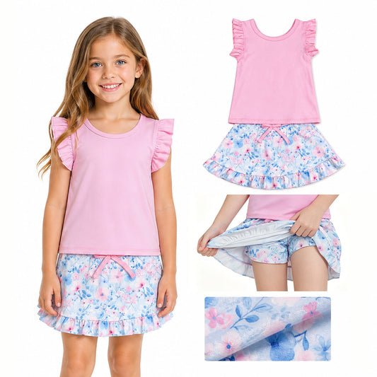 GSD3773 Solid Pink Wave Ruffle Sleeveless with Flower Leaf Pattern Blue Skirts for Girls Yoga Sets 202605 RTS
