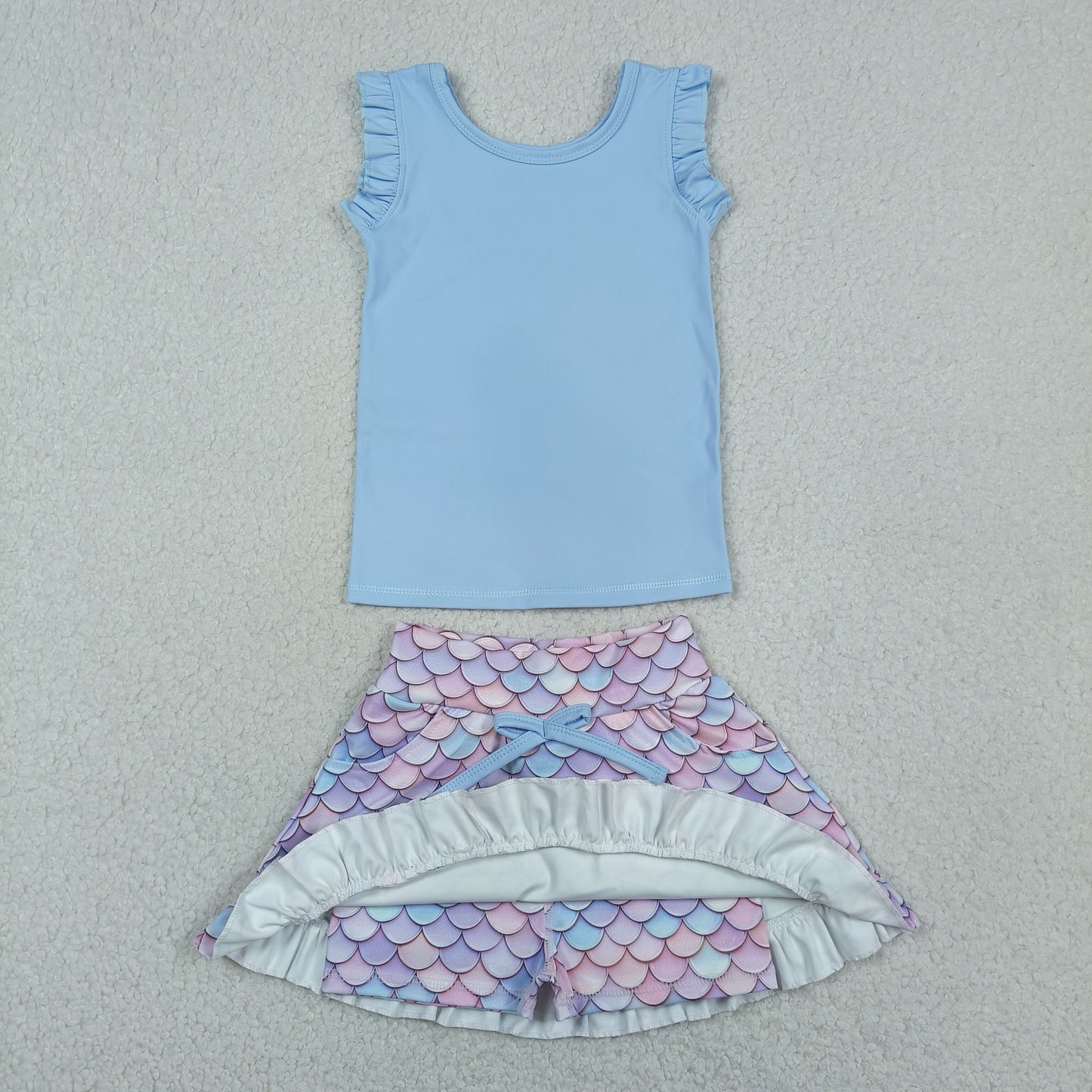 GSD3775 Solid Blue Wave Ruffle Sleeveless with Fish Scale Pattern Skirts for Girls Yoga Sets 202604 RTS