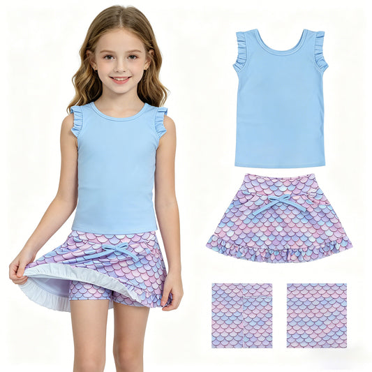 GSD3775 Solid Blue Wave Ruffle Sleeveless with Fish Scale Pattern Skirts for Girls Yoga Sets 202604 RTS