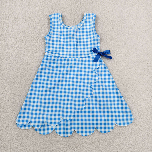 GSD3778 Solid Blue Plaid Bows Ruffle Sleeveless Yoga Dresses for Girls 202606 RTS
