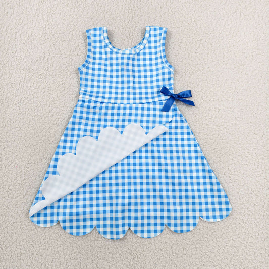 GSD3778 Solid Blue Plaid Bows Ruffle Sleeveless Yoga Dresses for Girls 202606 RTS