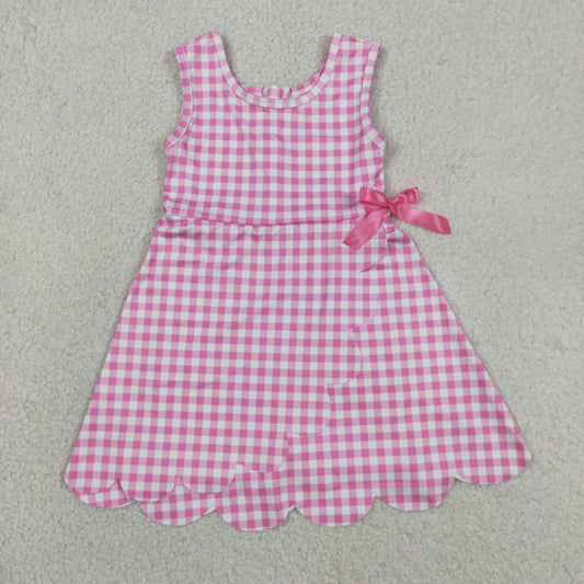 GSD3779 Solid Pink Plaid Bows Ruffle Sleeveless Yoga Dresses for Girls 202605 RTS