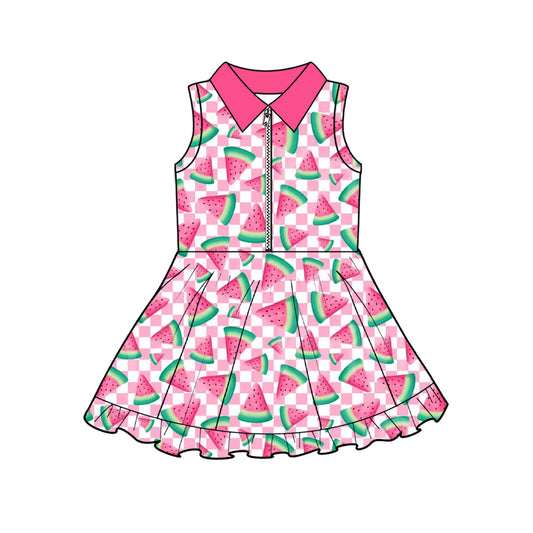 MOQ 5 PCS Preorder GSD3780 Watermelon Pink Plaid Zip Polo Ruffle Sleeveless Yoga Dresses for Girls 202601