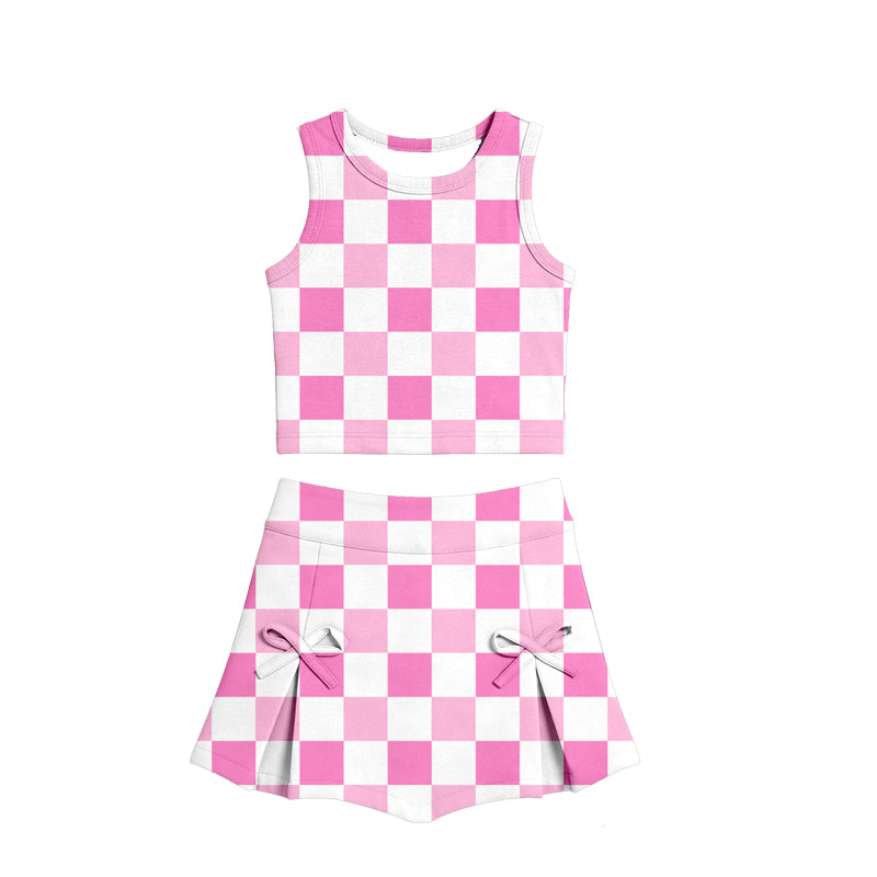 MOQ 5 preorder GSD3783 Pink Plaid Sleeveless Top with Skirts for Girls Yoga Sets 202602