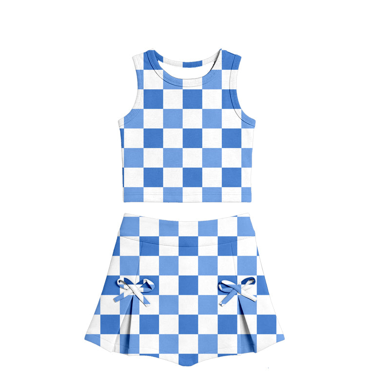 MOQ 5 preorder GSD3786 Blue Plaid Sleeveless Top with Skirts for Girls Yoga Sets 202602