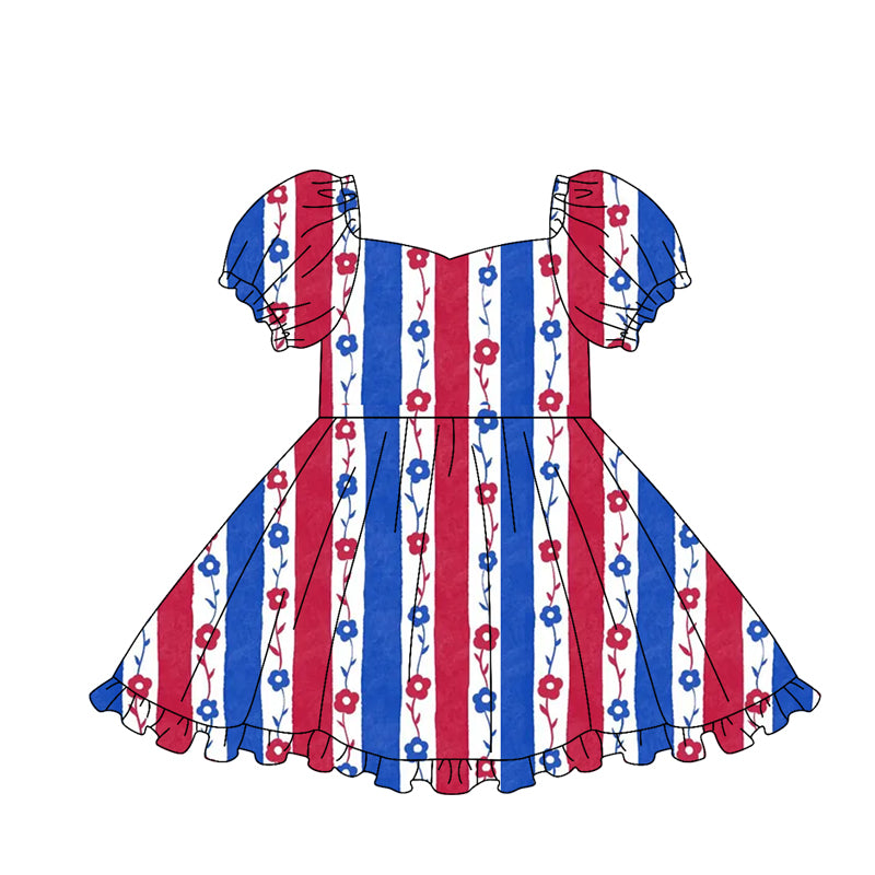 MOQ 5 PCS Preorder GSD3791 4th of July Red Blue Stripe Flower Short Sleeve Dresses for Girls 202602