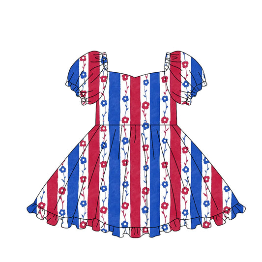 MOQ 5 PCS Preorder GSD3791 4th of July Red Blue Stripe Flower Short Sleeve Dresses for Girls 202602