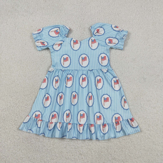 GSD3792 4th of July Flag Mirror Blue Stripe Short Sleeve Dresses for Girls 202605 RTS