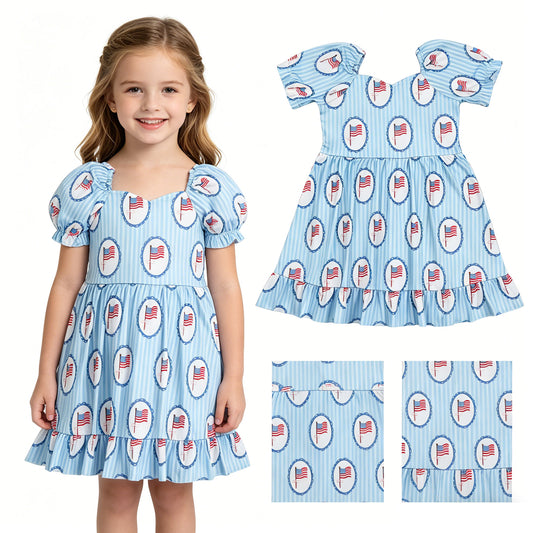 GSD3792 4th of July Flag Mirror Blue Stripe Short Sleeve Dresses for Girls 202605 RTS