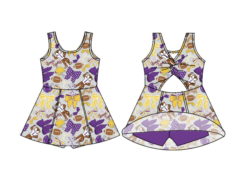MOQ 5 PCS Preorder GSD3801 GO TEAM Tiger Purple Bows Gray Yoga Dresses for Girls 202602
