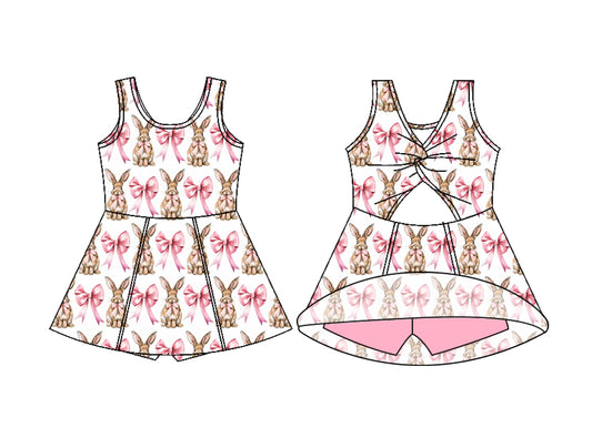 MOQ 5 PCS Preorder GSD3802 Easter Bunny Pink Bows White Yoga Dresses for Girls 202602