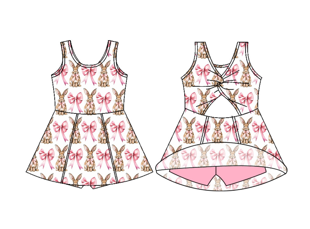 MOQ 5 PCS Preorder GSD3802 Easter Bunny Pink Bows White Yoga Dresses for Girls 202602