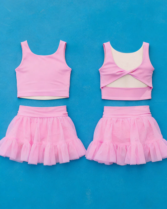 MOQ 5 preorder GSD3806 Solid Pink Sleeveless Top with Tulle Skirts for Girls Yoga Sets 202602