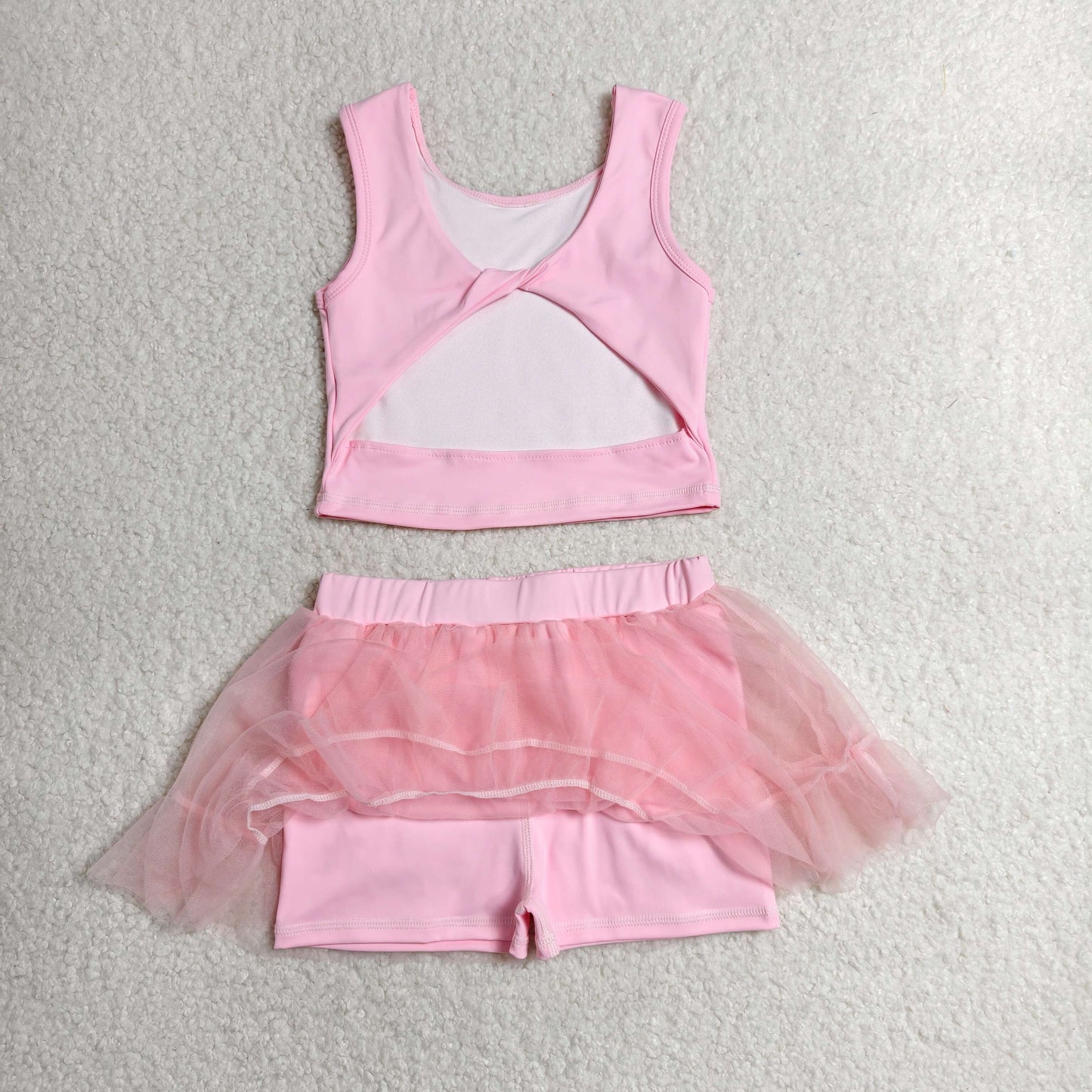 GSD3806 Solid Pink Sleeveless Top with Tulle Skirts for Girls Yoga Sets 202606 RTS