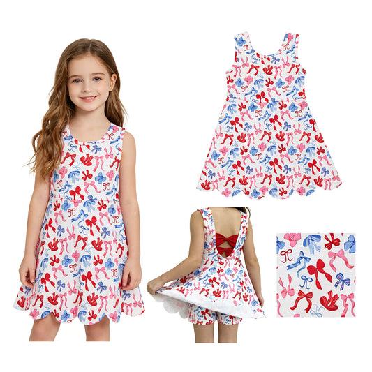 GSD3809 4th of July Red Blue Star Bows Ruffle Sleeveless Yoga Dresses for Girls 202605 RTS