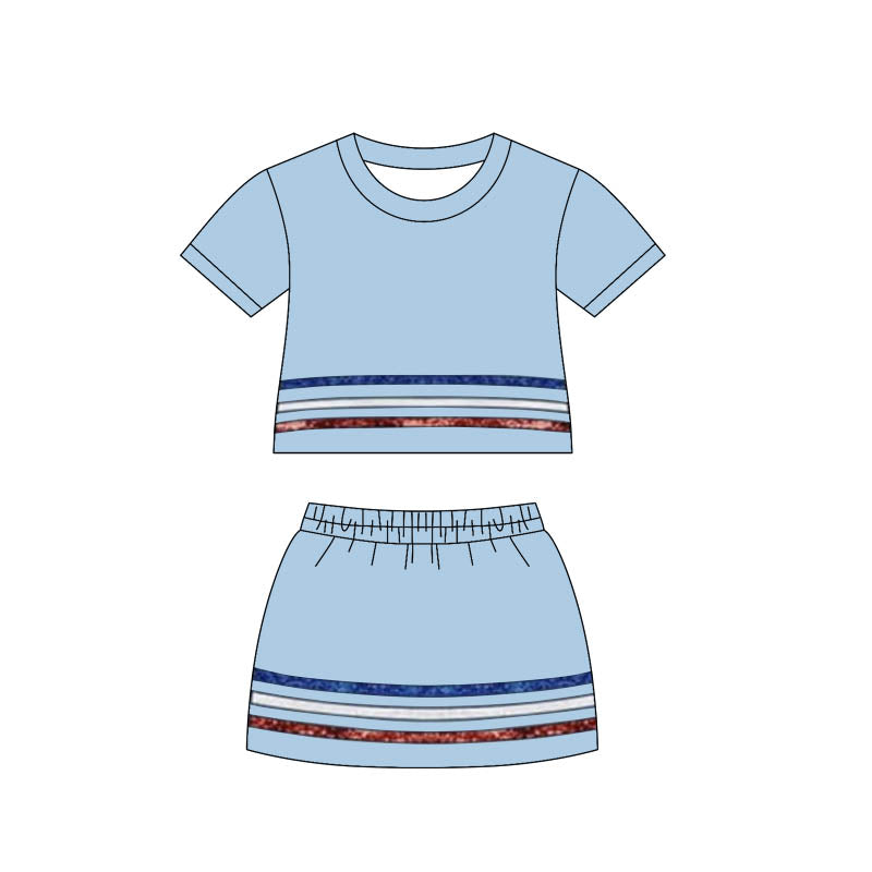 MOQ 5 PCS Preorder GSD3810 4th of July Stripe Gray Blue Short Sleeve with Skirts for Girls Sets 202602