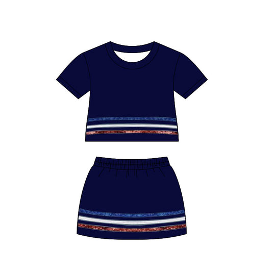 MOQ 5 PCS Preorder GSD3811 4th of July Stripe Navy Blue Short Sleeve with Skirts for Girls Sets 202602