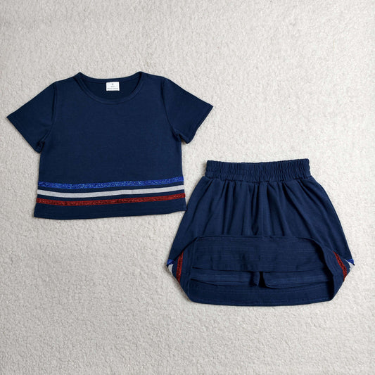 GSD3811 4th of July Stripe Navy Blue Short Sleeve with Skirts for Girls Sets 202606 RTS