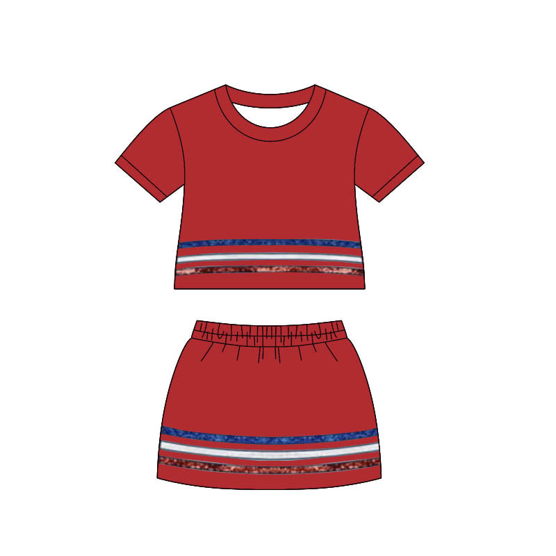 MOQ 5 PCS Preorder GSD3812 4th of July Stripe Red Short Sleeve with Skirts for Girls Sets 202602