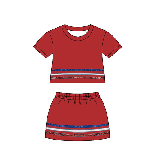 MOQ 5 PCS Preorder GSD3812 4th of July Stripe Red Short Sleeve with Skirts for Girls Sets 202602