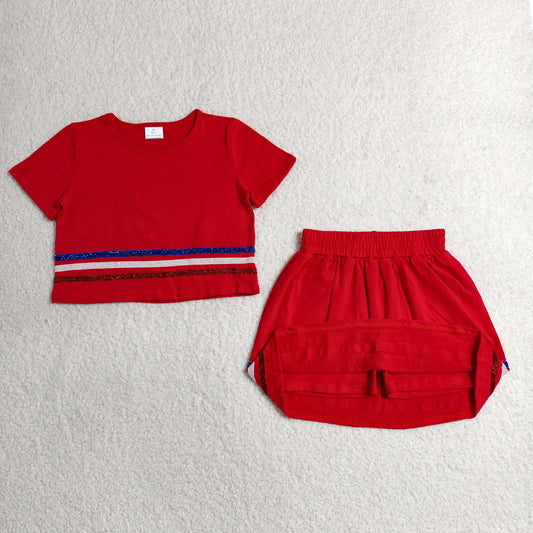 GSD3812 4th of July Stripe Red Short Sleeve with Skirts for Girls Sets 202606 RTS