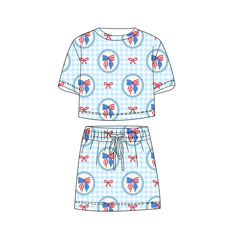 MOQ 5 PCS Preorder GSD3817 4th of July Bows Plaid Blue Short Sleeve with Skirts for Girls Sets 202602