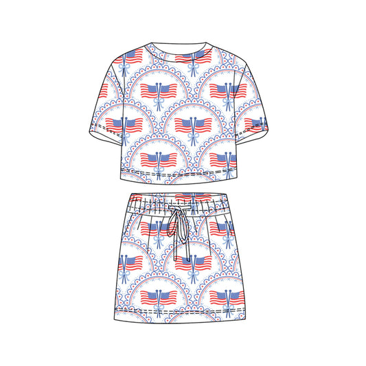 MOQ 5 PCS Preorder GSD3818 4th of July Flag Bows White Short Sleeve with Skirts for Girls Sets 202602